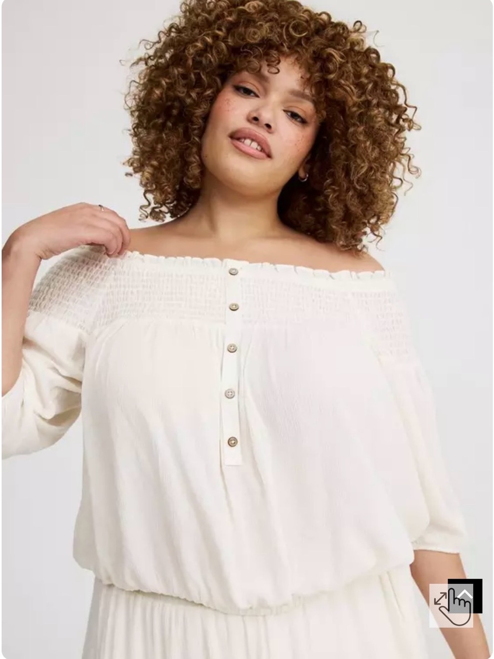Cream Off-Shoulder Smocked Button-Front Peasant Blouse